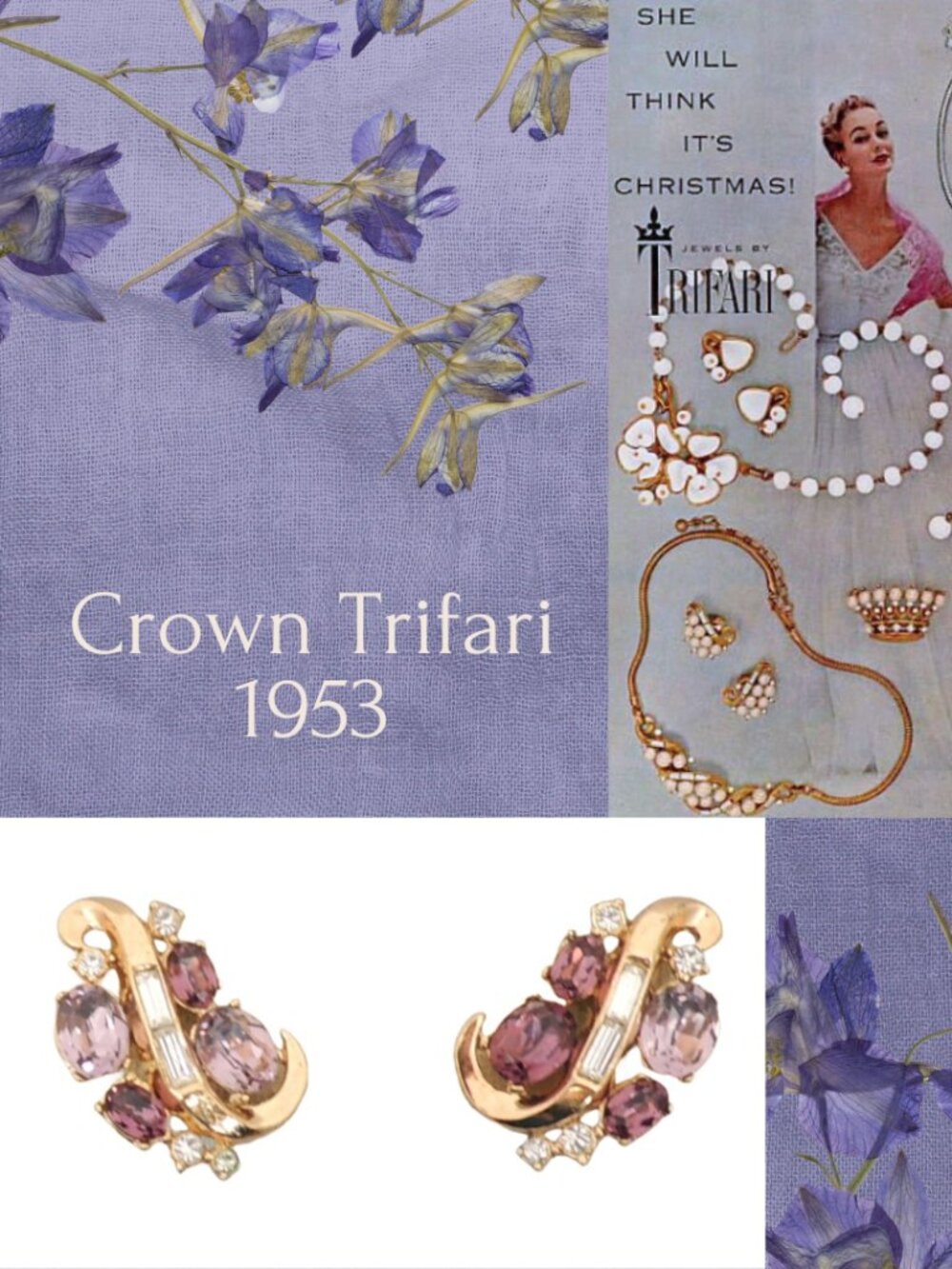 Vintage Signed Crown Trifari Goldtone Faux-Amethyst Clip Earrings